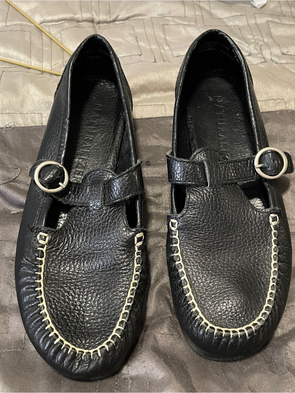 Naturalizer Black Leather Mary Jane Moccasins with Contrast Stitch